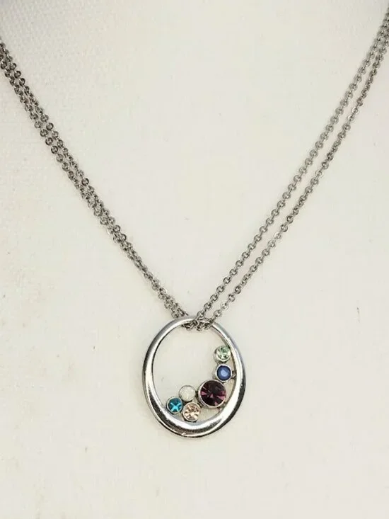 Lia Sophia Necklace Silver Tone Gemstone Circle Pendant with Multi Strand Chain