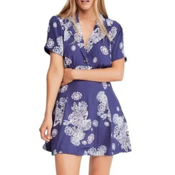 Free People Blue Hawaii Fit & Flare Mini Dress Aloha V-Neck Pockets Size Small