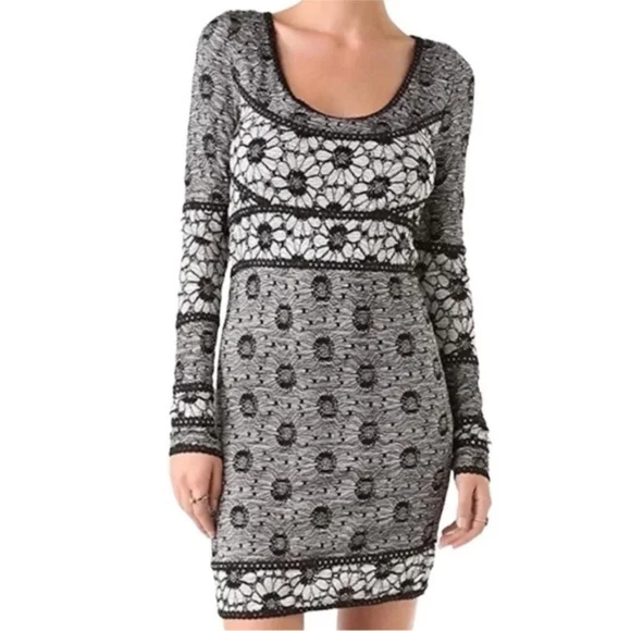 Free People Botanical Forest Floral Black White Bodycon Dress Sz Small