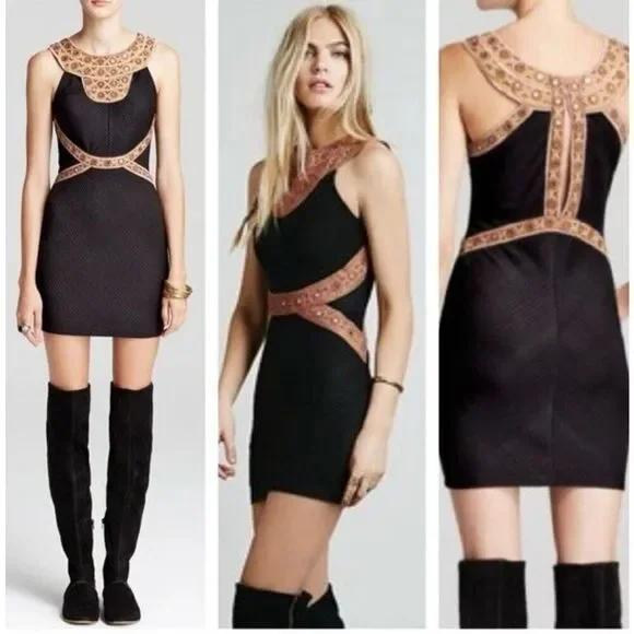 Free People Egyptian Nefertiti Embellished Black Mini Dress Women's Small