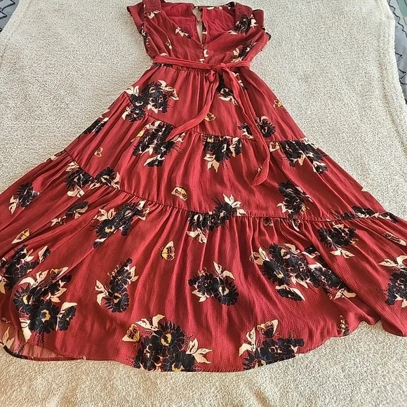Free People All I Got Tiered Maxi Dress Size 0 Rust Butterfly Floral Front‎ Tie