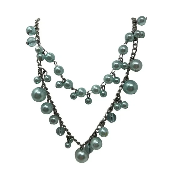 Silver Tone Layered Necklace Blue Faux‎ Pearls and Beads