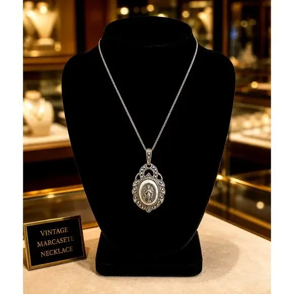 Vintage Marvel Sterling Silver Miraculous Medal Necklace Marcasite Pendant 16