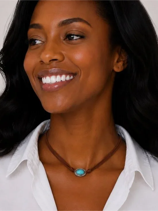 New! Preppy Boho Brown Suede Turquoise Choker Necklace NWOT 5031