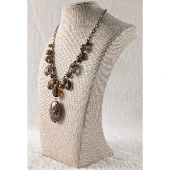 Bronze Tone Statement Necklace Brown Glass‎ Beads Large Drop Pendant