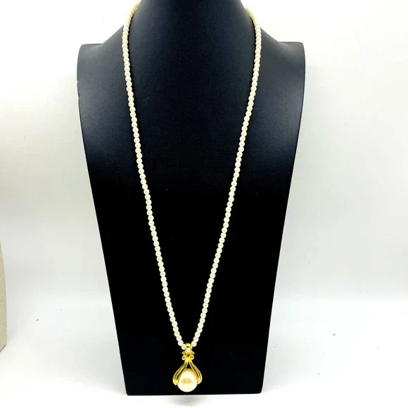 Avon Pendant Necklace Gold Tone Faux Pearl Long Chain Signed Vintage Jewelry