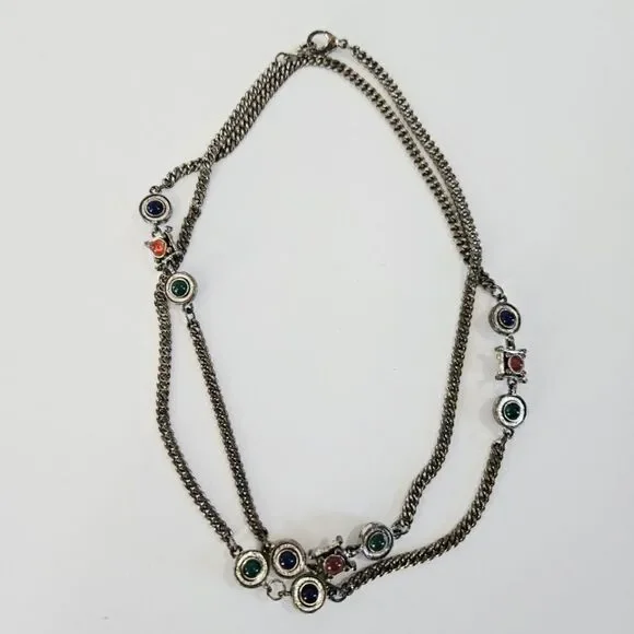 Vintage Long Rhinestone Jewel Tone Cabochon Silver Tone Snake Chain Necklace 36