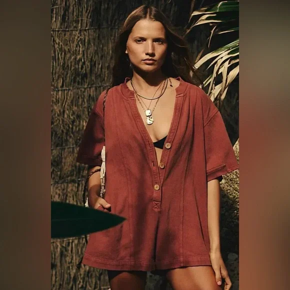 Free People Rust Red Short Sleeve Romper