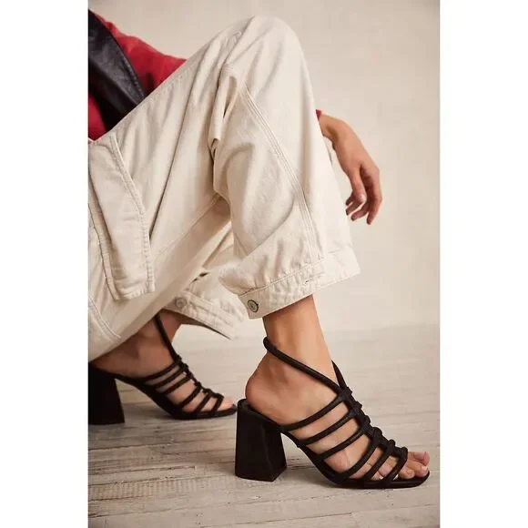 Free People Black Strappy Block Heel Sandals