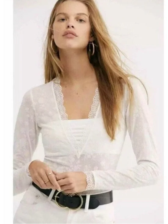 Lace-Trim White Long Sleeve Women's Bodysuit