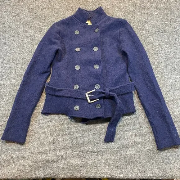 Free People Women Large Double Breasted Sweater Jacket Button Belted Wool Boho
