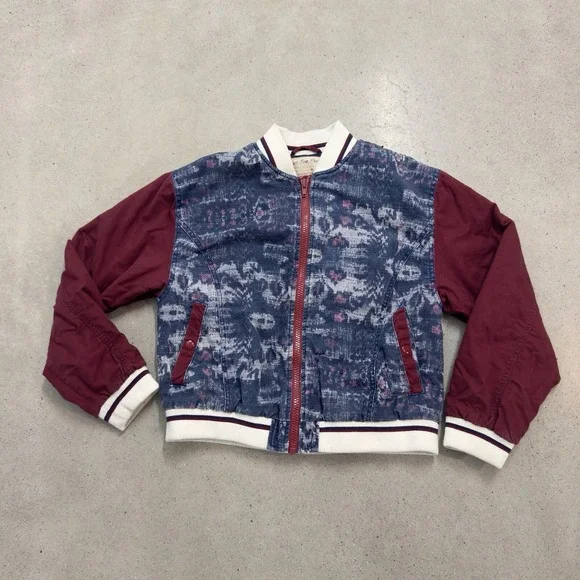 Free People Women's Bomber Jacket Varsity Dreams Linen Blend Ikat Print Sz Med
