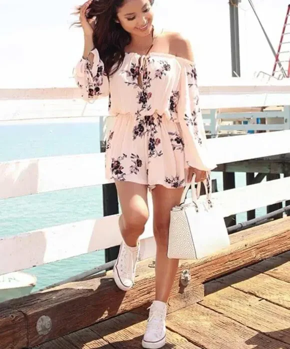 FREE PEOPLE Romper SO DIVINE Floral Pink Off Shoulder Crepe Boho Small