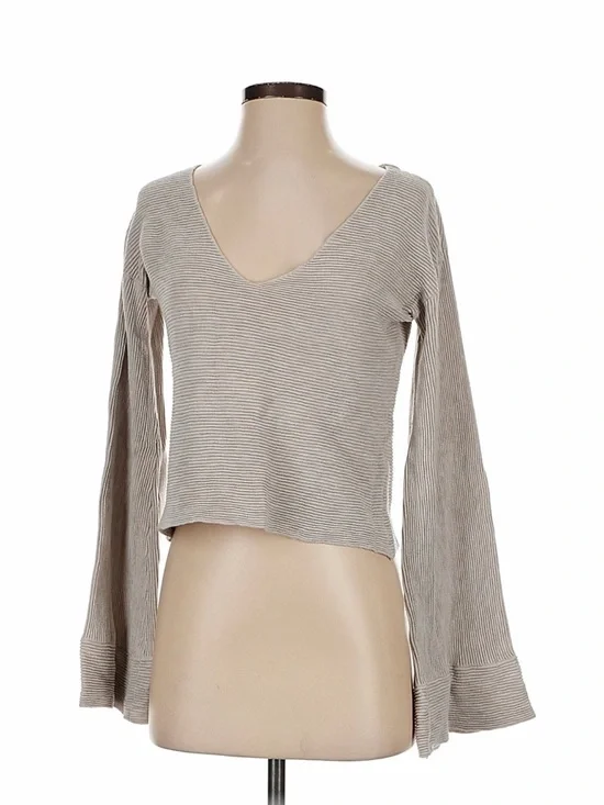 Free People Taupe Ribbed V-Neck Long Sleeve Top