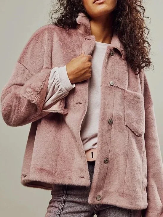 Free People We the Free Cozy Opal Swing Jacket in Pink Size S Faux Fur Teddy $98