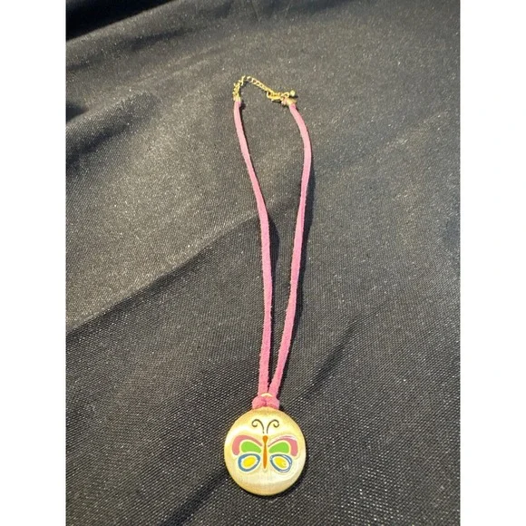 Gold Tone Butterfly Flower Charm Necklace‎ Pink Suede Cord Adjustable