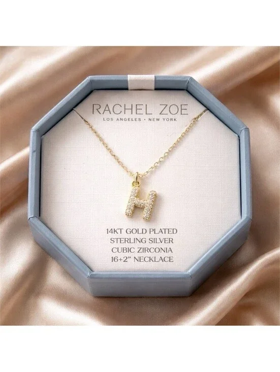 Rachel Zoe Initial H Necklace 14KT Gold Plated Sterling Silver CZ 16-18” NWT
