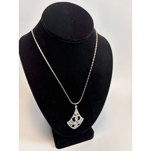 Pendant Necklace Signed Sarah Coventry 1970s Silver Tone‎ and Rhinestone