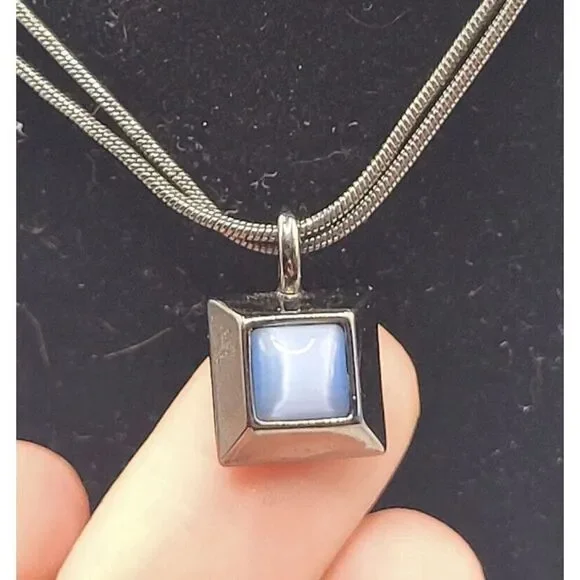 Express Gunmetal Silver Square Tiger's Eye Blue Pendant Necklace 17in