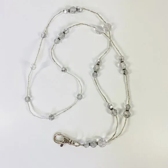 Mixed Beads Badge Name Tag Holder‎ Necklace Clear Sparkle Bling Silver Tone