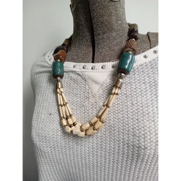 Vintage Chunky Multi Strand Beaded Statement‎ Necklace Boho Wood Bone Turquoise