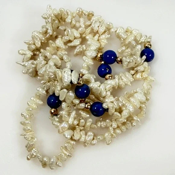 Vintage Rice Pearl Necklace Lapis Lazuli & 14K Gold Accent Beads 35