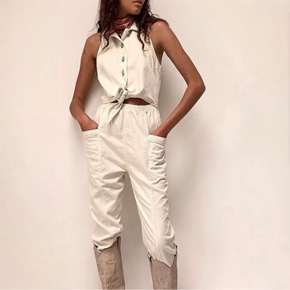 Free‎ People Tie Front Jumpsuit Size S Cream Denim Coastal Cowgirl Boho Sailor