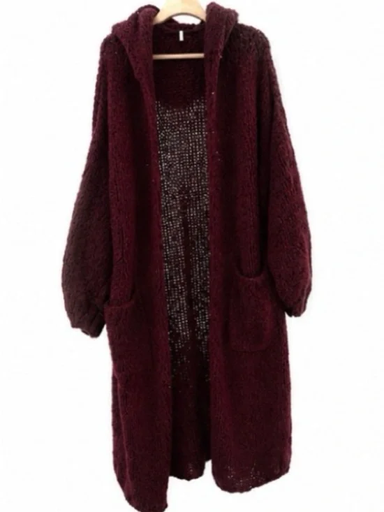 Free People Hooded Long Cardigan in Deep Burgundy