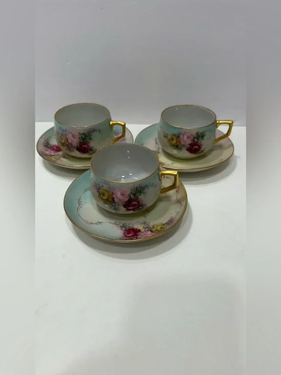 Lot Of 3 Unmarked Bavarian Style Hand Painted Porcelain Tea Cup Set Aqua Blue