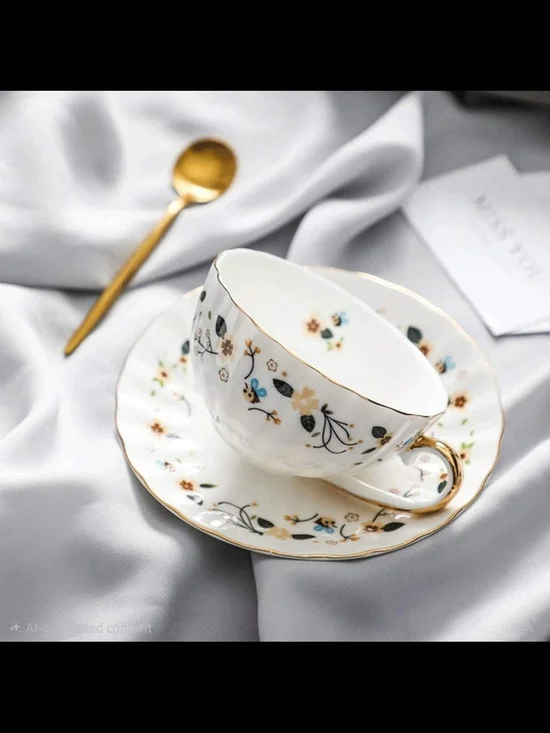2 Elegant White Floral Porcelain Teacup With Lil Bees 2 Saucers and Gold Spoons