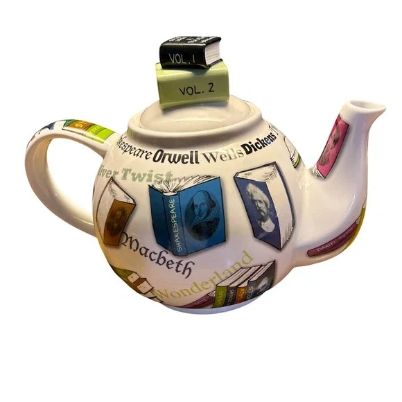 2009 Y2K Paul Cardew Novel Tea Teapot Large White Ceramic Literary Book Theme