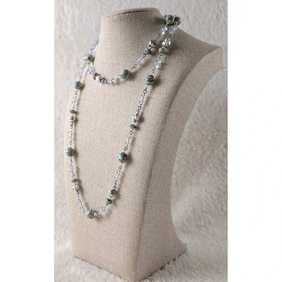 Long Beaded Necklace Blue Crystal Glass Stone Silver Tone Layering‎ Boho