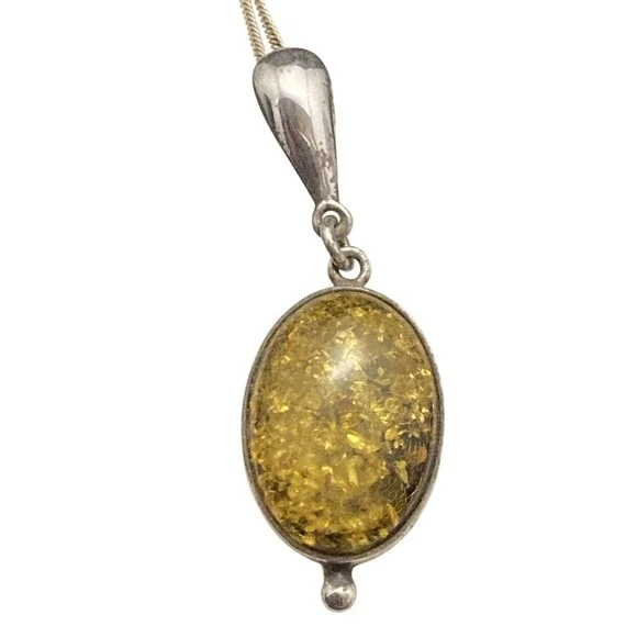 Vintage Oval Green Baltic Amber Sterling‎ Silver 925 Pendant 18'' Necklace 4.5g