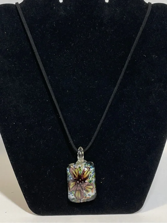 Dichroic Iridescent Multicolor Glass Floral Pendant Necklace Adjustable Cord