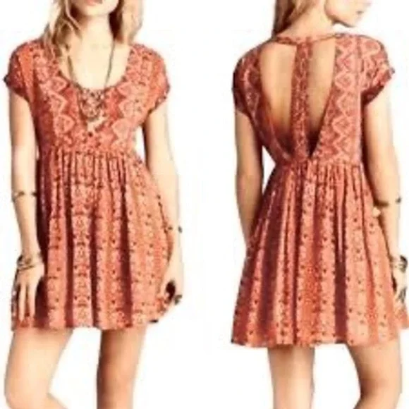 Free‎ People Sundown Orange Aztec Tribal Print T-Back Babydoll Mini Dress Medium