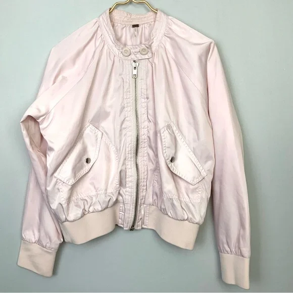 Free‎ People Sz Small Midnight Bomber Blush Light Pink Zip Jacket Pockets