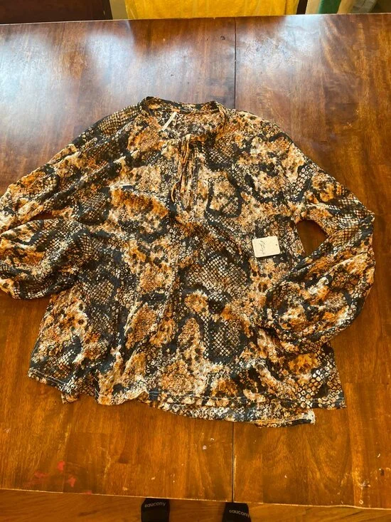 Free People NWT Sheer Lace Snake Print Tie-Neck Long Sleeve Top Size M