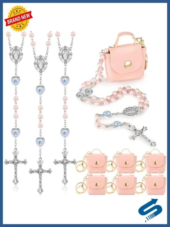 6 Sets Glass Pearl Rosary Beads Necklace with Keychain Mini Handbag 6mm Beaded