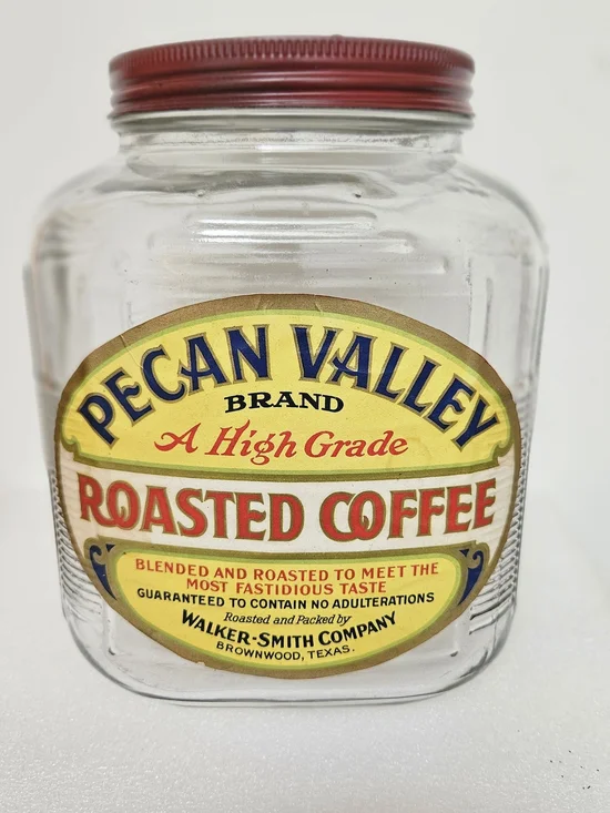 Vintage Pecan Valley Roasted Coffee Gallon Square Glass Jar Storage