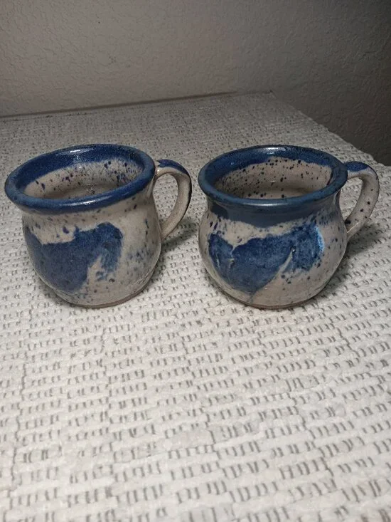 Set of 2 Handmade Artisan Pottery Mugs Blue Drip Glaze w/ Hearts Stoneware Cups