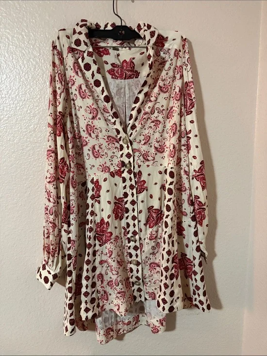 Free People Cream Tunic Dress with Red Paisley Floral Print Sylvie S