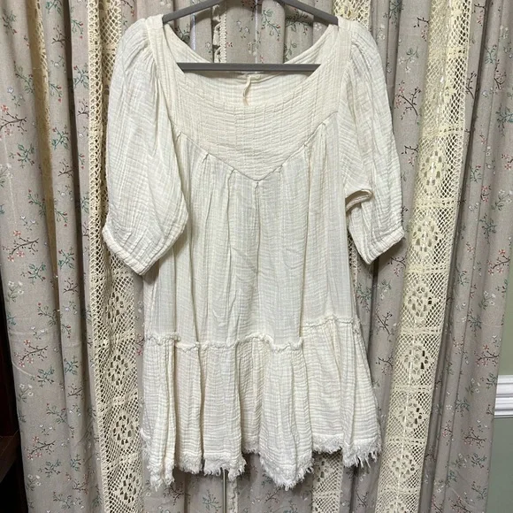 Free People Cream‎ Gauze Babydoll Tunic Dress XS Oversized Boho Cottagecore