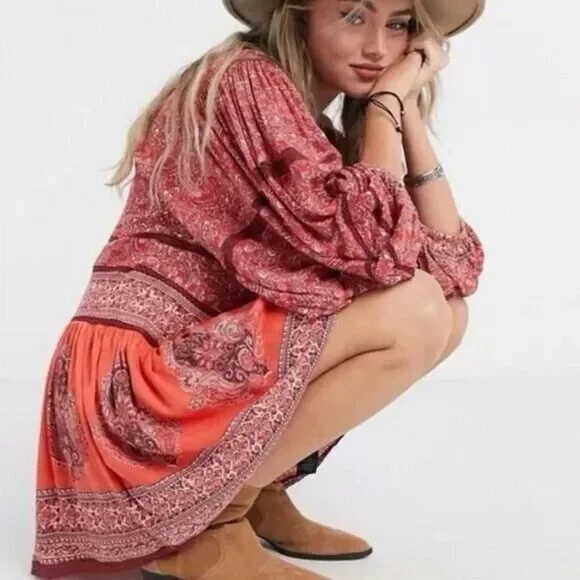 FREE PEOPLE NWT Luna Scarf Print Tunic Top/Dress- size S -‎ Boho Flowy Indie