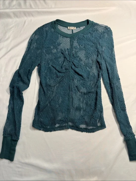 Free People Teal Lace Long Sleeve Mesh Top