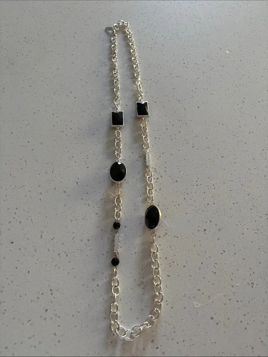 George Silver Chain Necklace with Black Faceted Stones