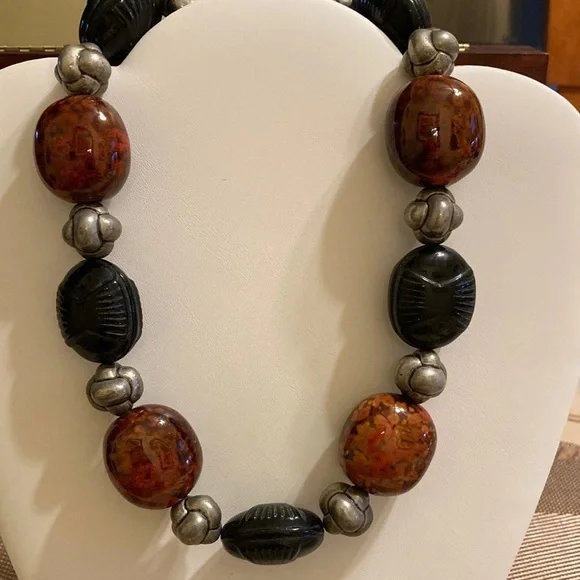 Vintage chunky brown/black/pewter beaded necklace