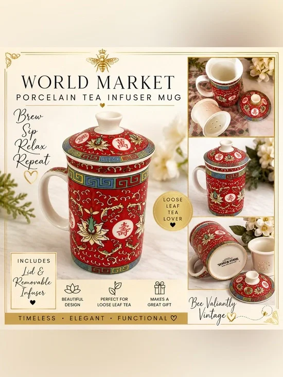 World Mrkt Chinese Porcelain Tea Infuser Mug w/ Lid | Red Floral Loose Leaf Cup