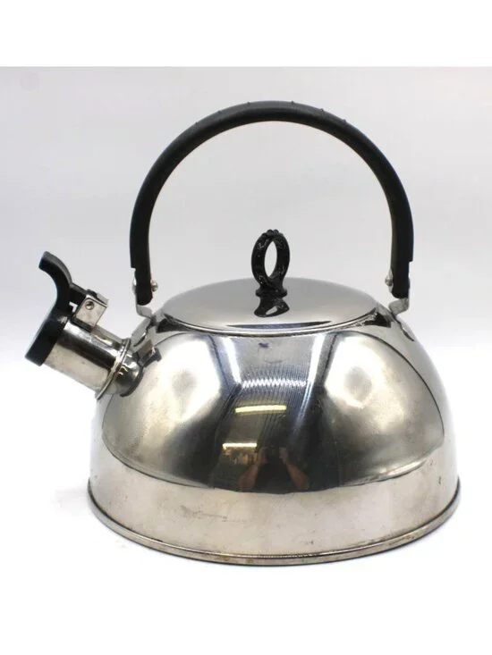 Stainless Steel Whistling Tea Kettle Black Handle Lid 2.5 Quart Vtg Thailand