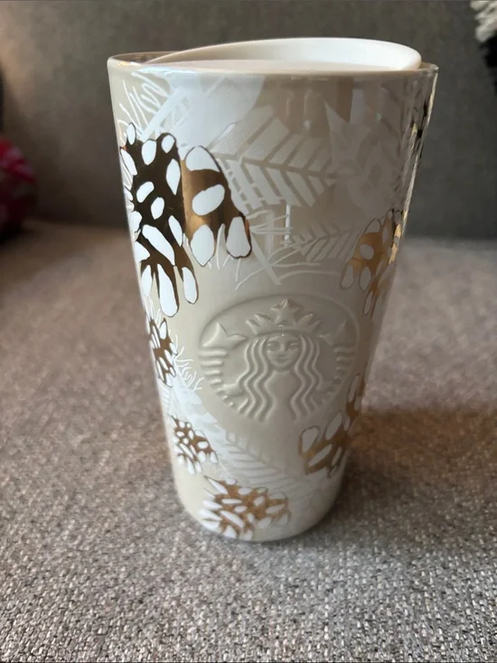 Starbucks Cream Ceramic Tumbler with Gold Botanical Accents
