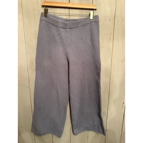 Free People Beach Hailee Knit Pants Blue Gray Waffle Knit Wide Leg Cropped Sz-M
